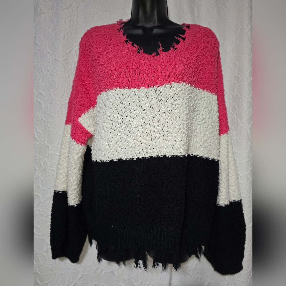 Jolie and Joy Womens Plus Colorblock Fuzzy Knit Sweater Distressed Edges Size 3x